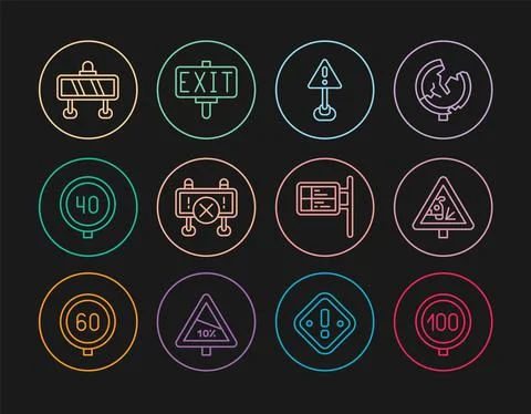Set line Speed limit traffic, Warning road sign, Exclamation mark triangle, Road Stock Illustration
