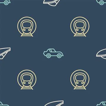 Set line Speedboat, Train and railway and Car on seamless pattern. Vector イラスト素材