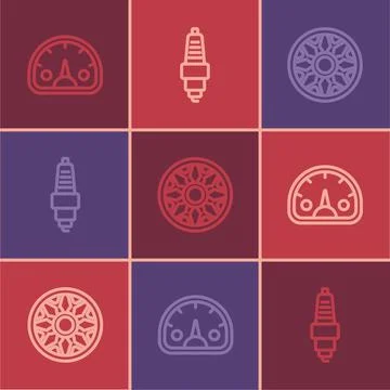 Set line Speedometer, Alloy wheel for car and Car spark plug icon. Vector Illustrazione stock