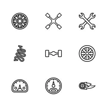Set line Speedometer, Alloy wheel for car, Wheel in fire flame, Chassis, Wr.. Stock Illustration