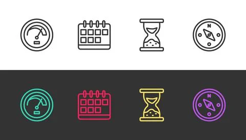 Set line Speedometer, Calendar, Old hourglass with sand and Compass on black and Stock Illustration