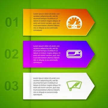 Set line Speedometer, Car door handle, Windscreen wiper and wheel. Business Illustration