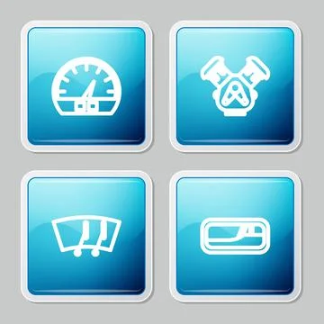 Set line Speedometer, Car engine, Windscreen wiper and door handle icon. Vector Illustration