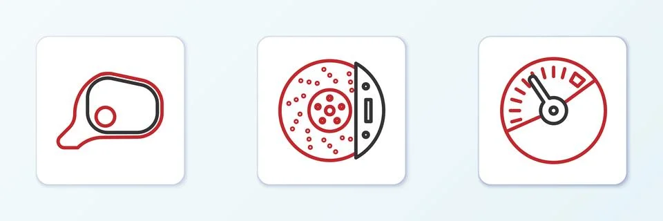 Set line Speedometer, Car mirror and brake disk with caliper icon. Vector Stock Illustration
