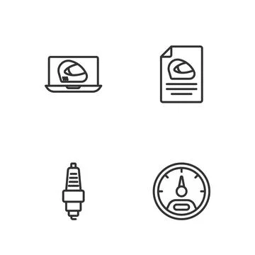 Set line Speedometer, Car spark plug, Racing helmet and icon. Vector Illustrazione stock