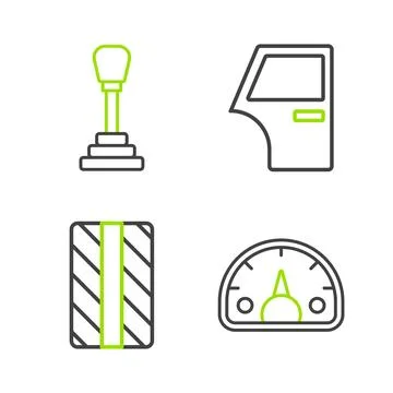Set line Speedometer, Car tire wheel, door and Gear shifter icon. Vector Illustrazione stock