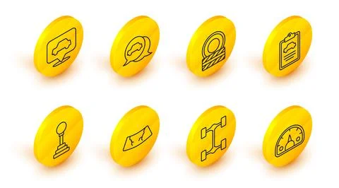 Set line Speedometer, Chassis car, Broken windshield, Gear shifter, Car Ilustración de archivo