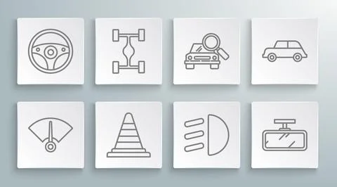 Set line Speedometer, Chassis car, Traffic cone, High beam, Car mirror, sea.. Stock Illustration