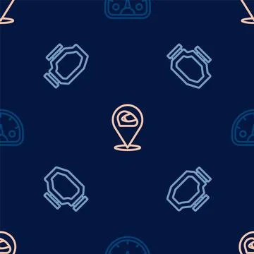 Set line Speedometer, Check engine and Racing helmet on seamless pattern. Vector 스톡 일러스트