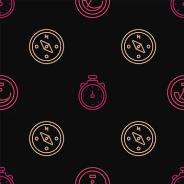 Set line Speedometer, Compass and Stopwatch on seamless pattern. Vector Stock Illustration