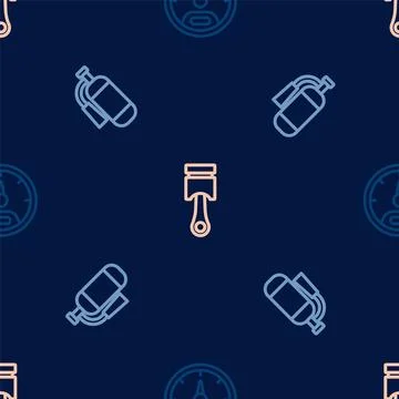 Set line Speedometer, Fire extinguisher and Engine piston on seamless pattern Stock Illustration