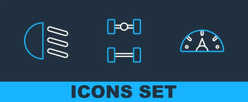 Set line Speedometer, High beam and Chassis car icon. Vector Illustrazione stock