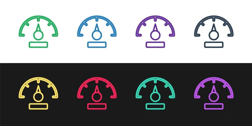 Set line Speedometer icon isolated on black and white background. Vector Stock Illustration