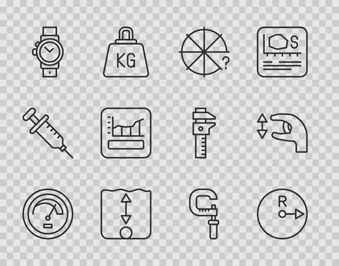 Set line Speedometer, Radius, Circle of pieces, Depth measurement, Wrist watch Stock Illustration