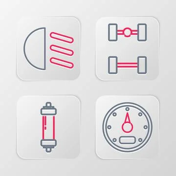Set line Speedometer, Shock absorber, Chassis car and High beam icon. Vector Illustrazione stock