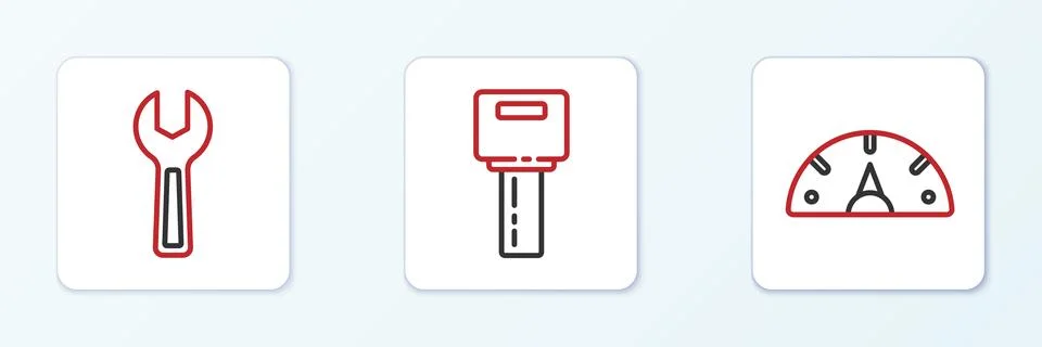 Set line Speedometer, Wrench spanner and Car key with remote icon. Vector Stock Illustration