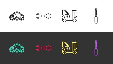 Set line Speedometer, Wrench spanner, Tow truck and Screwdriver on black an.. Stock Illustration