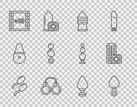 Set line Sperm, Anal plug, Condom safe sex, Sexy fluffy handcuffs, Play Video Ilustración de archivo