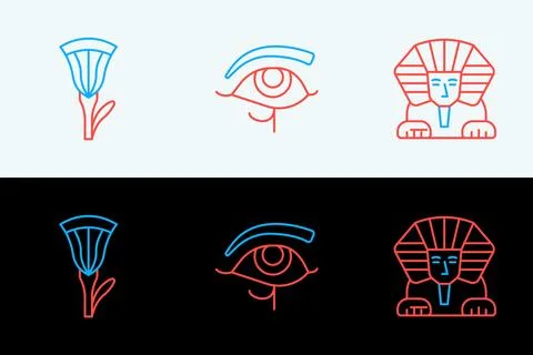 Set line Sphinx, Egyptian lotus and Eye of Horus icon. Vector Stock Illustration