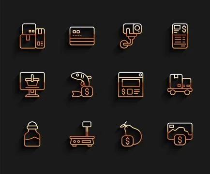 Set line Spice in can, Electronic scales, Cash register machine, Price tag .. Ilustración de archivo
