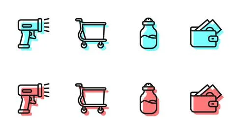 Set line Spice in can, Scanner scanning bar code, Shopping cart and Wallet with Illustrazione stock