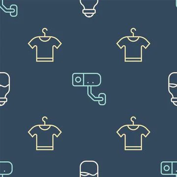 Set line Spice in can, T-shirt and Security camera on seamless pattern. Vector Illustrazione stock