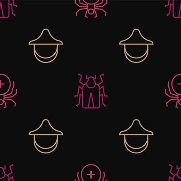 Set line Spider, Beekeeper hat and Beetle bug on seamless pattern. Vector Stock Illustration