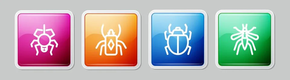 Set line Spider, Beetle bug, Mite and Mosquito. Colorful square button. Vector イラスト素材