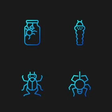 Set line Spider, Beetle bug, in jar and Larva insect. Gradient color icons... Stock Illustration