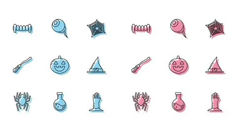 Set line Spider, Bottle with potion, Vampire teeth, Zombie hand, Pumpkin, Witch Stock-Illustration