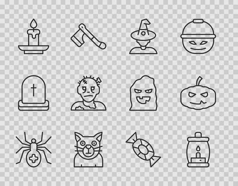 Set line Spider, Camping lantern, Witch, Cat, Burning candle, Zombie mask, Candy Illustrazione stock