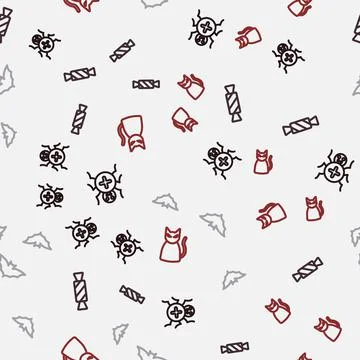 Set line Spider, Candy, Flying bat and Black cat on seamless pattern. Vector Stockillustratie