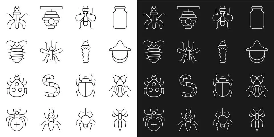 Set line Spider, Chafer beetle, Beekeeper hat, Insect fly, Mosquito, Larva Stock Illustration