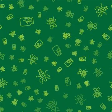 Set line Spider in jar, Termite and Chafer beetle on seamless pattern. Vector Stock Illustration