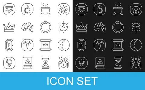 Set line Spider, Moon, Sun, Witch cauldron, Magic stone, King crown, Earth Ilustração Stock