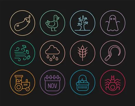 Set line Spider, Sickle, Bare tree, Cloud with rain, Windy weather, Eggplant Stock Illustration