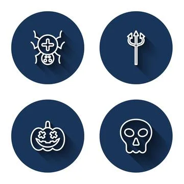 Set line Spider, Trident devil, Pumpkin and Skull with long shadow. Blue circle Stock Illustration