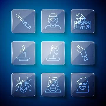 Set line Spider, Vampire, Funny and scary ghost mask, Castle, fortress, Zom.. Ilustración de archivo