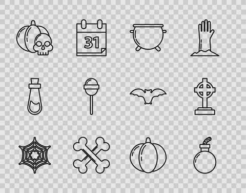 Set line Spider web, Bomb ready to explode, Halloween witch cauldron, Crossed Illustrazione stock