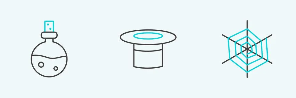 Set line Spider web, Bottle with love potion and Magician hat icon. Vector イラスト素材