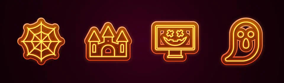 Set line Spider web, Castle, Happy Halloween holiday and Ghost. Glowing neon Stock Illustration