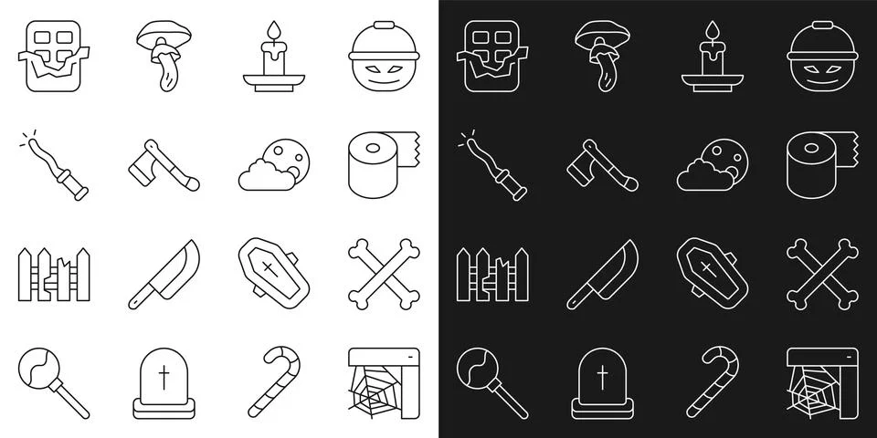 Set line Spider web, Crossed bones, Toilet paper roll, Burning candle, Wood.. 스톡 일러스트