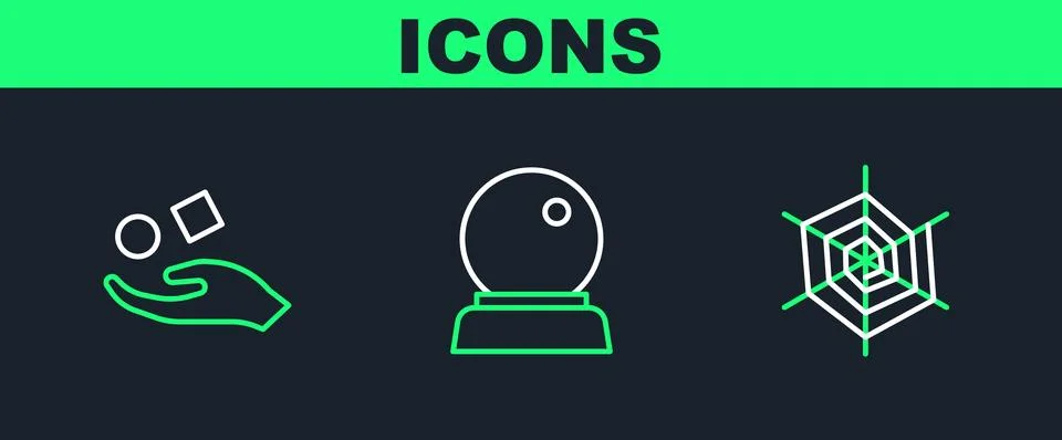 Set line Spider web, Cube levitating above hand and Magic ball icon. Vector Stock Illustration