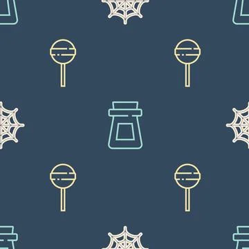 Set line Spider web, Lollipop and Bottle with potion on seamless pattern. Vector Stock Illustration
