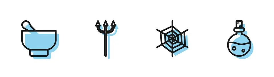 Set line Spider web, Magic mortar and pestle, Neptune Trident and Bottle with Stock Illustration