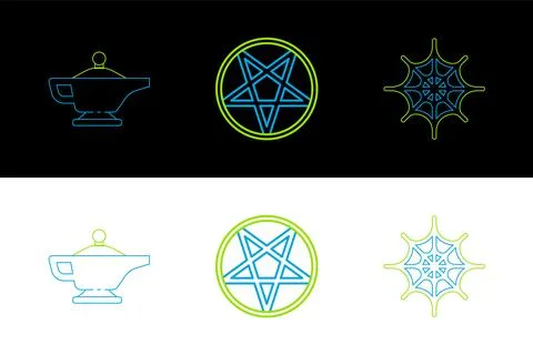 Set line Spider web, Magic lamp or Aladdin and Pentagram circle icon. Vector Stock Illustration