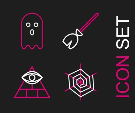 Set line Spider web, Masons, Witches broom and Ghost icon. Vector イラスト素材