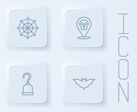 Set line Spider web, Skull, Pirate hook and Flying bat. White square button.  Stock Illustration
