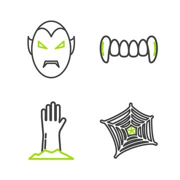 Set line Spider web, Zombie hand, Vampire teeth and icon. Vector Stock Illustration