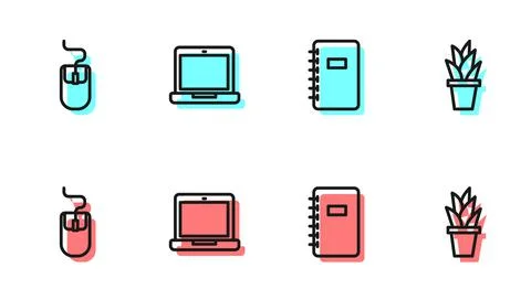 Set line Spiral notebook, Computer mouse, Laptop and Plant in pot icon. Vector Stock Illustration